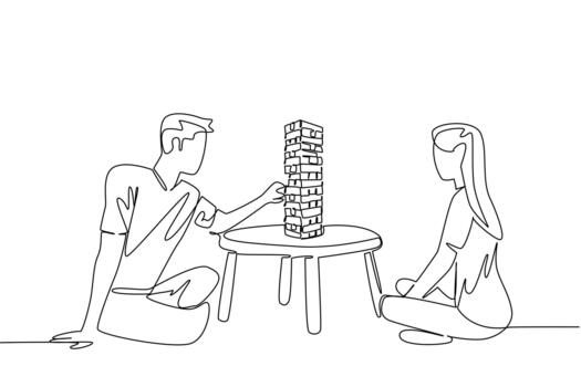 Continuous line drawing of two players playing a stacking block game on a table, representing International Tabletop Day with creativity and fun concept, play, balance, and social entertainment vector