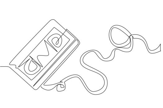 Single line drawing of a tangled VHS tape unraveling from its cassette, symbolizing retro media and nostalgia. This design concept highlights National VCR Day as an international event celebration. vector