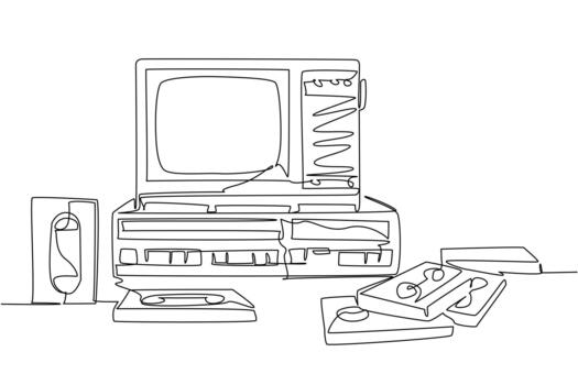 Continuous line drawing of a VCR player with monitor and VHS tapes, capturing old technology nostalgia. This industry concept design celebrates National VCR Day as an international event. vector