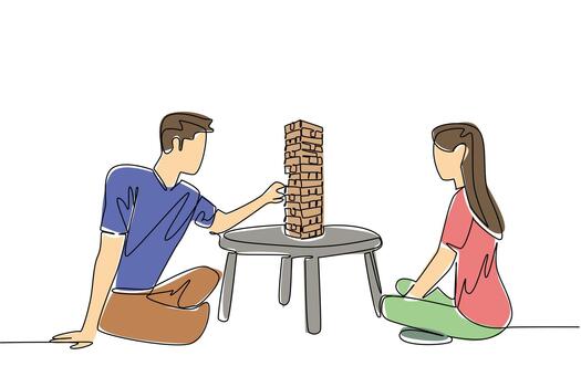 Continuous line drawing featuring a young man and woman engaged in a tabletop block stacking game, symbolizing teamwork, tension, and fun for International Tabletop Day in cultural concept. vector