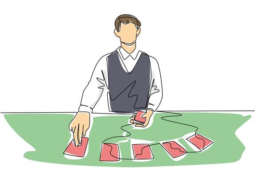 Continuous line drawing illustration of a man dealing cards on a tabletop, symbolizing strategy, fun, and creativity for International Tabletop Day in a playful game concept. vector