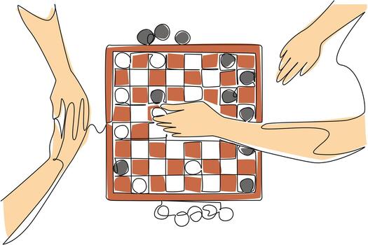 Single line drawing of hands moving tokens across a tabletop board, capturing teamwork and excitement for International Tabletop Day in a gaming and leisure concept. vector