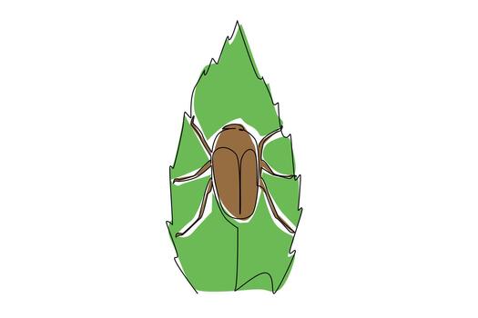 Minimalist single line drawing of a june bug resting on a pointed leaf, emphasizing nature concept and wildlife awareness, designed for June Bug Day as an international themed artwork. vector