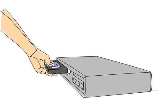 plano continuo línea dibujo de un mano insertando vhs cinta dentro un vídeo, enfatizando retro tecnología concepto y hogar medios de comunicación nostalgia, diseñado para nacional vcr día celebracion mundial. vector
