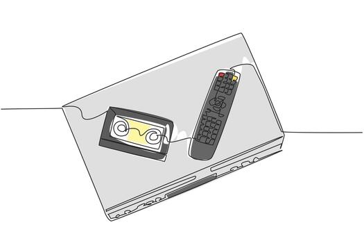 Single line drawing of a VCR machine with remote control and VHS cassette, reflecting media technology concept and analog memory, created for National VCR Day international celebration. vector