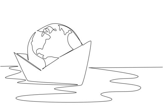 Single line drawing portrays Earth floating inside a paper boat on water, symbolizing ocean fragility and resilience. A unique nature concept artwork dedicated to World Oceans Day celebration. vector