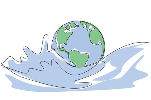 Single line drawing of Earth embraced by large ocean waves, highlighting the deep connection between oceans, environment, and global sustainability for World Oceans Day international awareness event. vector