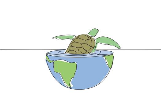 Continuous line drawing of a sea turtle swimming from a globe-shaped ocean, symbolizing marine life and global conservation, perfect for World Oceans Day nature concept design. vector