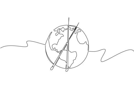 un continuo línea dibujo de el tierra con tejido de punto agujas cruce a través de, simbolizando global unidad mediante tejido de punto creatividad. diseñado para en todo el mundo tejer en público día con un arte concepto. vector