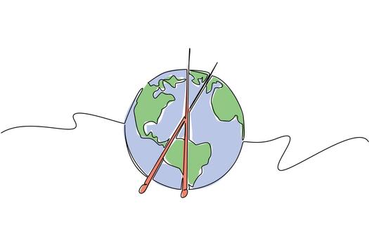 soltero línea dibujo de el tierra cruzado con tejido de punto agujas simboliza creatividad, unidad, y el naturaleza concepto, diseñado a representar en todo el mundo tejer en público día como un global arte evento. vector