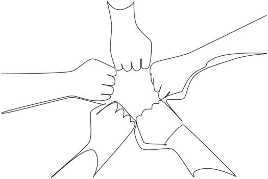 soltero línea dibujo muestra múltiple puños unido en un estrella formación, simbolizando fortaleza, resistencia, y solidaridad para carrera unidad día. un concepto de igualdad y justicia. vector