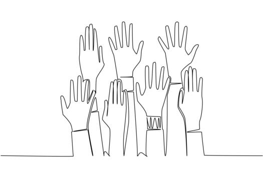 continuo línea dibujo de elevado manos, representando activismo, apoyo, y igualdad para carrera unidad día. esta unidad concepto diseño transporta fortaleza, protesta, y unión vector