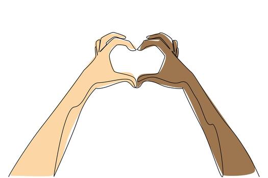 A colorful continuous line drawing of two hands forming a heart symbol illustrates love, acceptance, and equality for Race Unity Day, celebrating global harmony and cultural understanding. vector