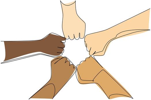 un continuo línea dibujo de múltiple carrera puños unido en un circulo ilustra empoderamiento, solidaridad, y unidad para carrera unidad día, honrando global igualdad, justicia, y humano derechos. vector