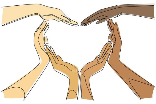 un continuo línea dibujo de múltiple diverso manos formando un corazón circulo simboliza amar, humanidad, y unidad para carrera unidad día, celebrando global solidaridad y cultural diversidad. vector