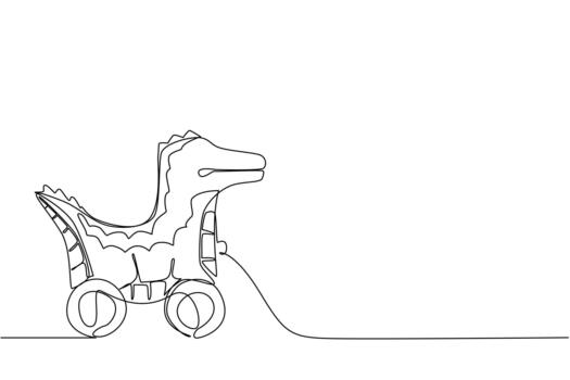 Continuous line drawing of a crocodile shaped wooden toy with wheels, created in one line drawing style. This design concept emphasizes playful childhood art, minimalism, and creative wooden objects. vector