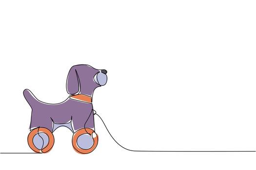 Continuous line drawing of a dog wooden pull toy on wheels, evoking delightful animal charm and interactive playtime, combining a classic playful object with child-friendly design for a cozy accent vector