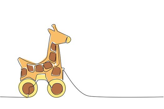 Continuous line draw of a wooden giraffe toy with wheels as a playful animal character, designed for imaginative play or decor, blending a whimsical animal theme with simple line, childhood fun object vector