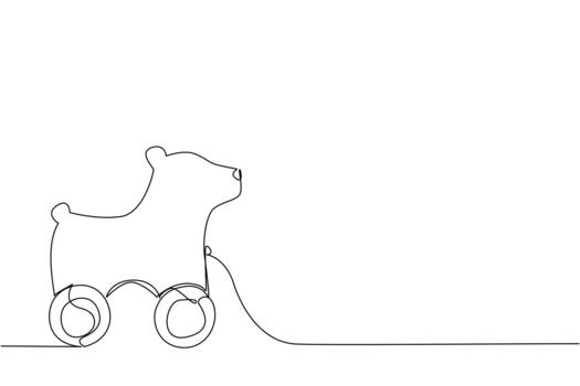 Minimal continuous line drawing of a polar bear shaped wooden toy on wheels, crafted in one line drawing style. This design concept emphasizes minimal play, wooden object, and childhood imagination. vector