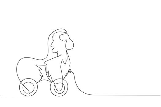 Continuous line drawing of a wooden orangutan toy on wheels, designed in a simple and abstract style. This animal concept design emphasizes creativity, handmade art, and children play. vector