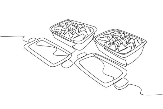 soltero línea dibujo de abierto comida deberes contenedores lleno con vegetales en un mesa, simbolizando nacional comida deberes día con un salud concepto ese promueve limpiar comiendo y orden. vector