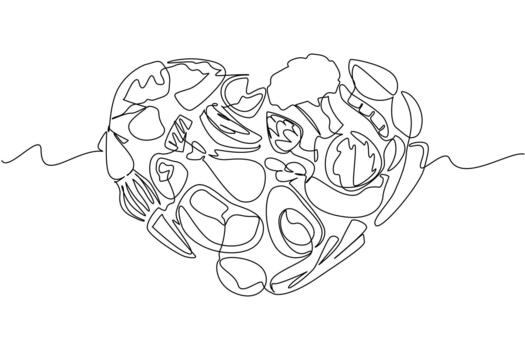 Continuous line drawing artwork of assorted vegetables forming a heart shape, representing balanced nutrition, sustainability, and mindful eating for Eat Flexitarian Day as a health concept. vector