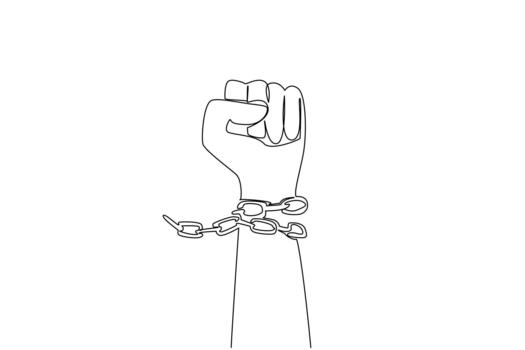 Striking single line drawing of a raised fist breaking chains, symbolizing empowerment and resilience, reflecting the freedom and justice theme of Abolition Day in activism concept. vector