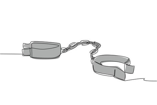 Continuous line drawing of broken shackles symbolizing freedom and justice. Designed as a history concept with the theme of Abolition Day, it reflects liberation from oppression. vector