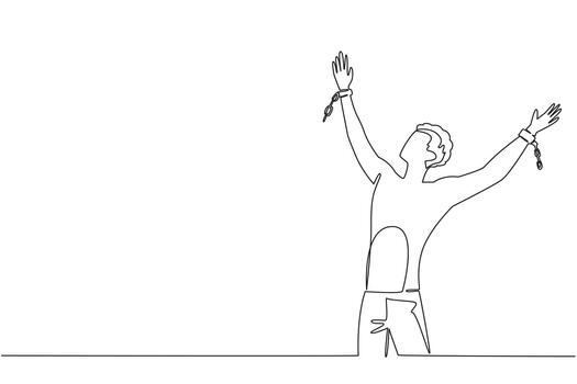 Inspiring continuous line drawing of a man with raised arms free from chains, symbolizing triumph, emancipation, and freedom for the Abolition Day international event concept design. vector