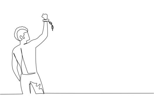 Rear view, bold one line drawing of a man raising his fist with broken shackles, symbolizing resistance, courage, and the victory of Abolition Day in a civil rights movement concept. Back view vector