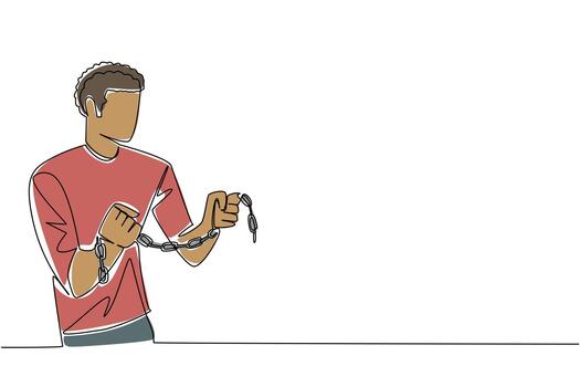 Single line drawing of a man holding broken chains in both hands, symbolizing resistance and victory. A history concept illustration for Abolition Day, honoring freedom and equality. vector