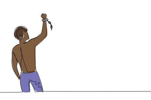 Continuous line drawing of a man from the back raising his fist, symbolizing defiance and hope. This freedom concept design marks Abolition Day, celebrating courage and resilience. vector