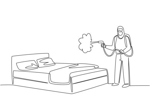 Single line drawing of a masked worker spraying disinfectant on a bed, symbolizing pest control and health concept for National Bed Bug Prevention Day in continuous line drawing style. vector