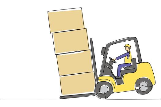 Continuous line drawing of a forklift driven by a male worker with unstable stacked boxes, illustrating unsafe practices for National Forklift Safety Day with an industry awareness concept. vector