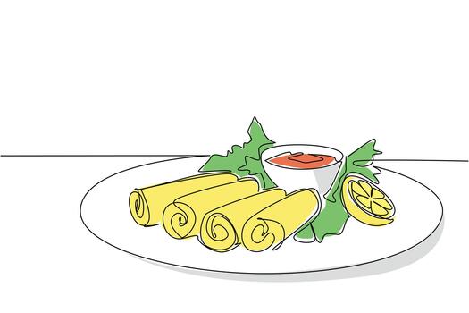 Continuous line drawing of delicious egg rolls arranged on a plate with sauce, lemon, and green garnish, symbolizing National Egg Roll Day in a food concept and international event theme. vector