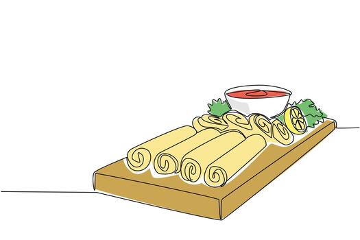 soltero línea dibujo de huevo rollos metido pulcramente en un de madera servicio tablero con inmersión salsa y limón, creado para nacional huevo rodar día destacando comida concepto y culinario evento tema. vector