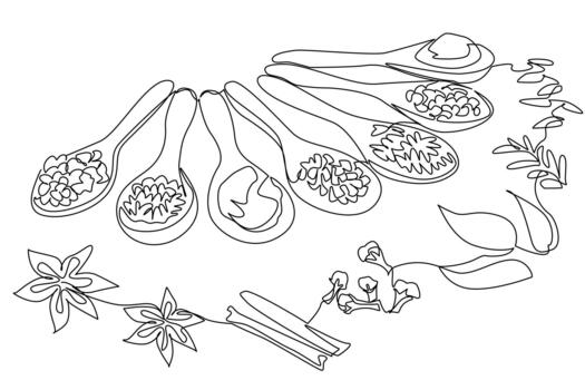 Single line drawing composition showing assorted herbs and spices arranged on spoons with additional elements, highlighting flavor diversity as a food concept for National Herbs and Spices Day. vector