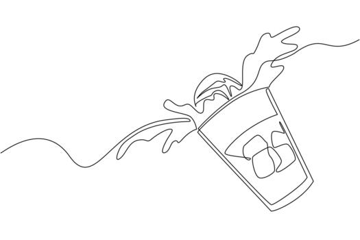 Continuous line drawing of a tilted soda float glass splashing with ice and ice cream, showing playful energy in a beverage concept for National Black Cow Day. vector