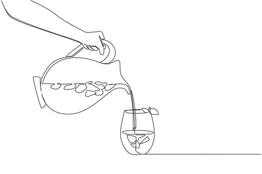 Hand pouring iced tea into a glass with ice cubes and lemon garnish from pitcher, drawn in continuous line drawing style, representing the celebration of National Iced Tea Day with a health concept. vector