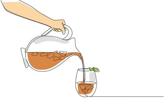 soltero línea dibujo demostración un lanzador torrencial con hielo té con hielo cubitos dentro un menor vaso, simbolizando compartiendo y refresco en un bebida concepto para nacional con hielo té día celebracion. vector
