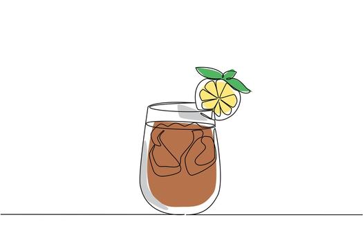 Continuous line drawing of a glass of iced tea with lemon slice and mint garnish, designed as a refreshing beverage concept for National Iced Tea Day, emphasizing natural flavor and cooling vibes. vector