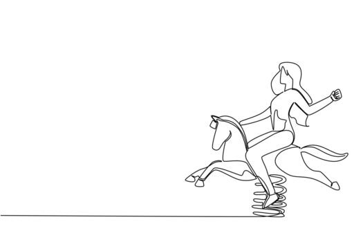 Continuous line drawing of a girl riding a spring horse toy, symbolizing joy and playful freedom, created in a health concept for the theme of National Making Life Beautiful Day. vector