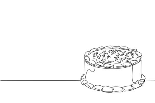 continuo línea dibujo comida concepto para nacional alemán chocolate pastel día, representando un bajo redondo alemán chocolate pastel decorado con frontera Formación de hielo y detallado Crema patrones en cima. vector