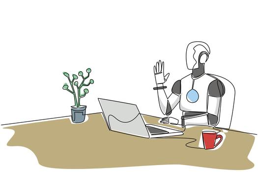continuo línea dibujo caracteristicas un robot ondulación a un computadora portátil, simbolizando ai, tecnología, y futurista comunicación en un Ciencias concepto para decir Hola día, fusionando humanos y máquinas. vector