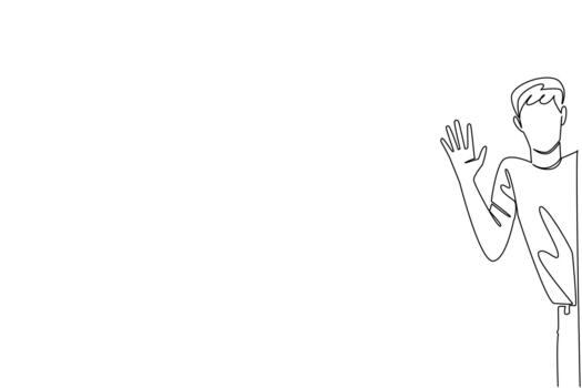 Single line draw of a young man on casual wear waving with an open hand, greet from behind wall, show friendliness and connection. Supports Say Hi Day as a business concept for global communication. vector