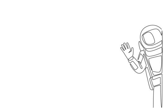 Single line drawing of an astronaut waving while floating in the space, symbolizing global unity beyond Earth. This Say Hi Day design uses a science concept to express connection and communication. vector