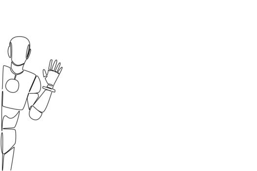 Single line draw of a futuristic robot waving in a friendly manner from behind the wall, symbolizing human tech interaction. Say Hi Day as a science concept to show communication and innovation. vector