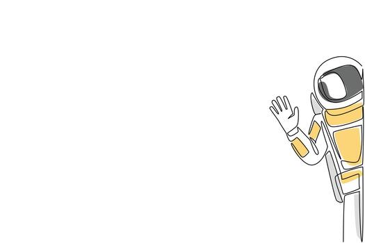 soltero línea dibujo de un astronauta ondulación desde el lado de el muro, reflejando exploración, exterior espacio, y unidad más allá fronteras en un Ciencias concepto para decir Hola día internacional celebracion. vector