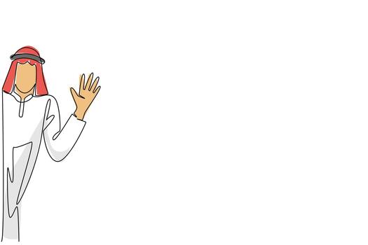 soltero línea dibujo de un árabe hombre en tradicional atuendo ondulación desde el lado de el muro, destacando global unidad, cultura, y saludo gestos en un negocio concepto para decir Hola día evento. vector