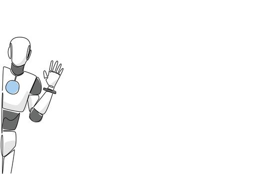 Single line drawing of a humanoid robot waving from the side of the wall, symbolizing technology, AI, and modern interaction in a futuristic business concept for Say Hi Day celebration. vector